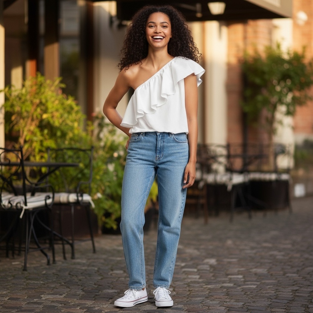 ✨ A New Day One-Shoulder Ruffle Blouse – White (NWT, Size Small) ✨ - Picture 2 of 6